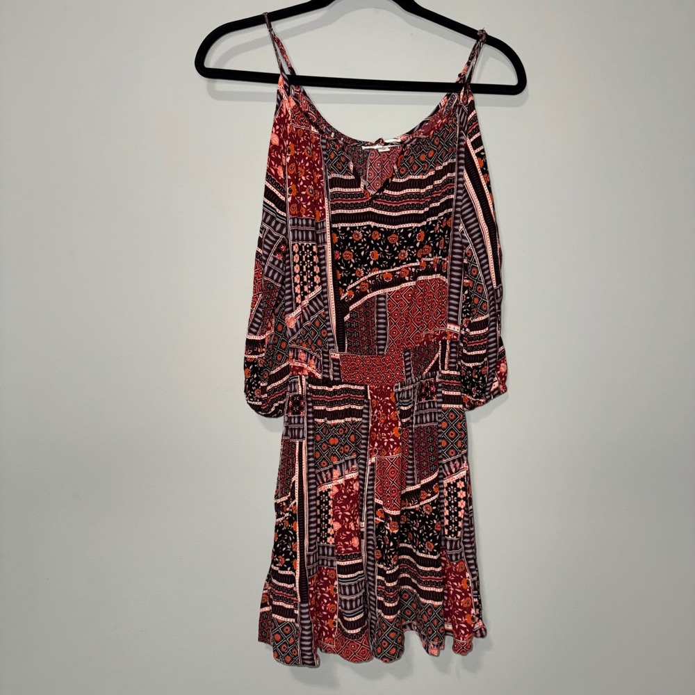 American Eagle Red Patchwork Cold Shoulder Mini Dress XS Boho Floral Smock‎